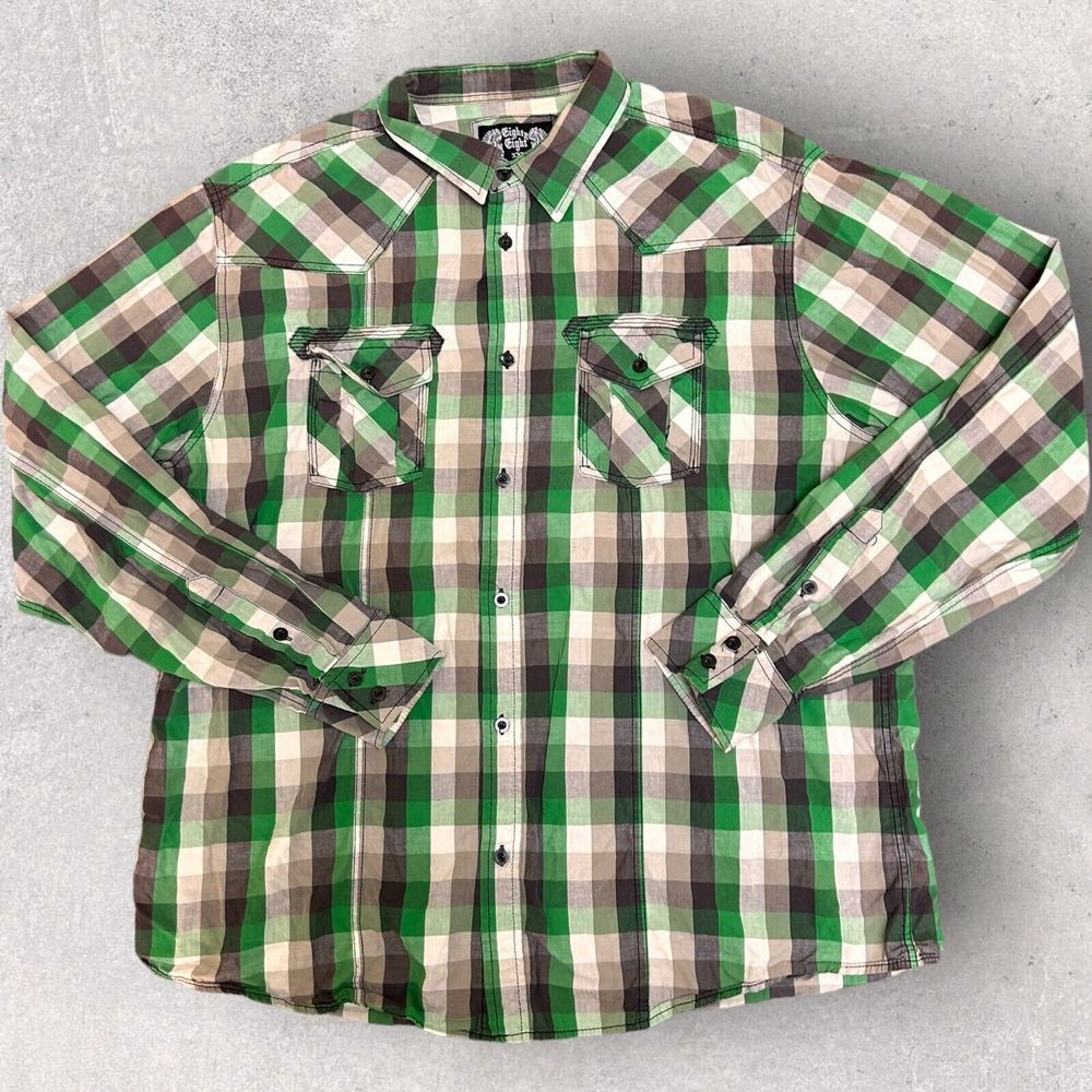 Eighty‎ Eight Men's Short Sleeve Button Up Fits Size XL Plaid Gray Green White